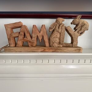 Rustic Solid Wood Tabletop FAMILY Sign Hand Carved Rabbit Bunny EASTER Sculpture